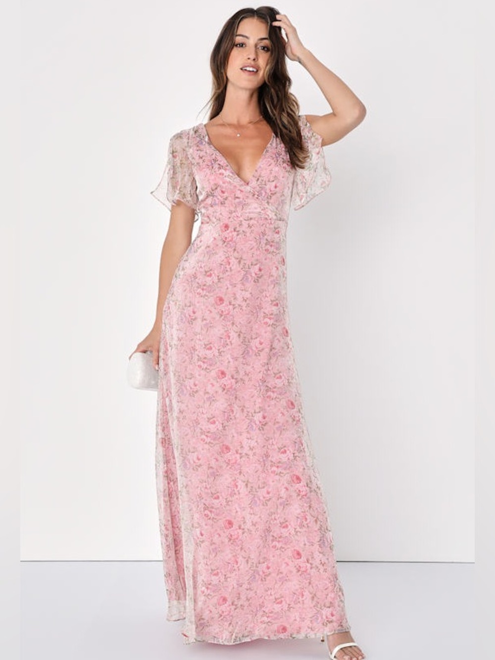 Lulus Dreamiest Desires Pink Floral Flutter Sleeve Maxi Dress